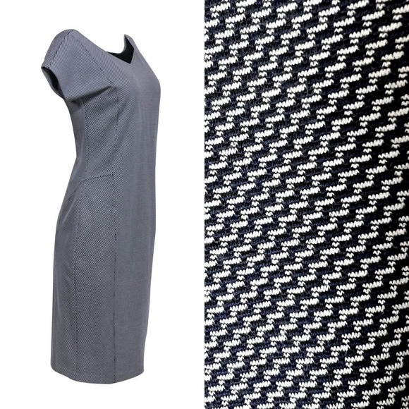 MAX MARA Retro 50s Zig Zag Check V-Neck Short Cap Sleeve Midi Sheath Dress 6 - Picture 2 of 7